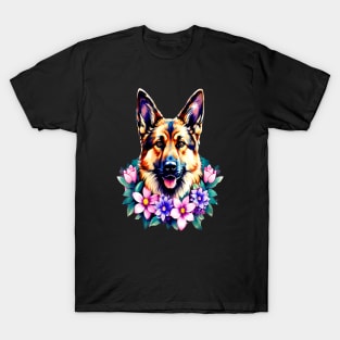 German Shepherd Dog Surrounded by Beautiful Spring Flowers T-Shirt